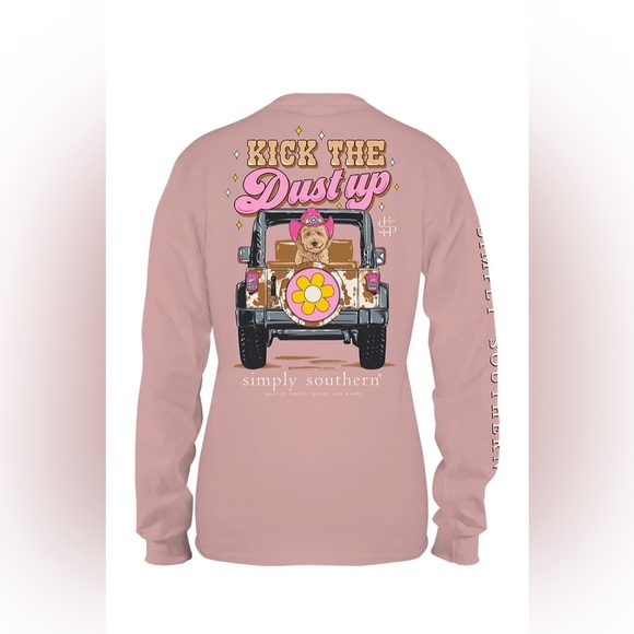 Nwt Simply Southern pink Kick the Dust up cow print jeep with dog graphic top - Picture 1 of 2